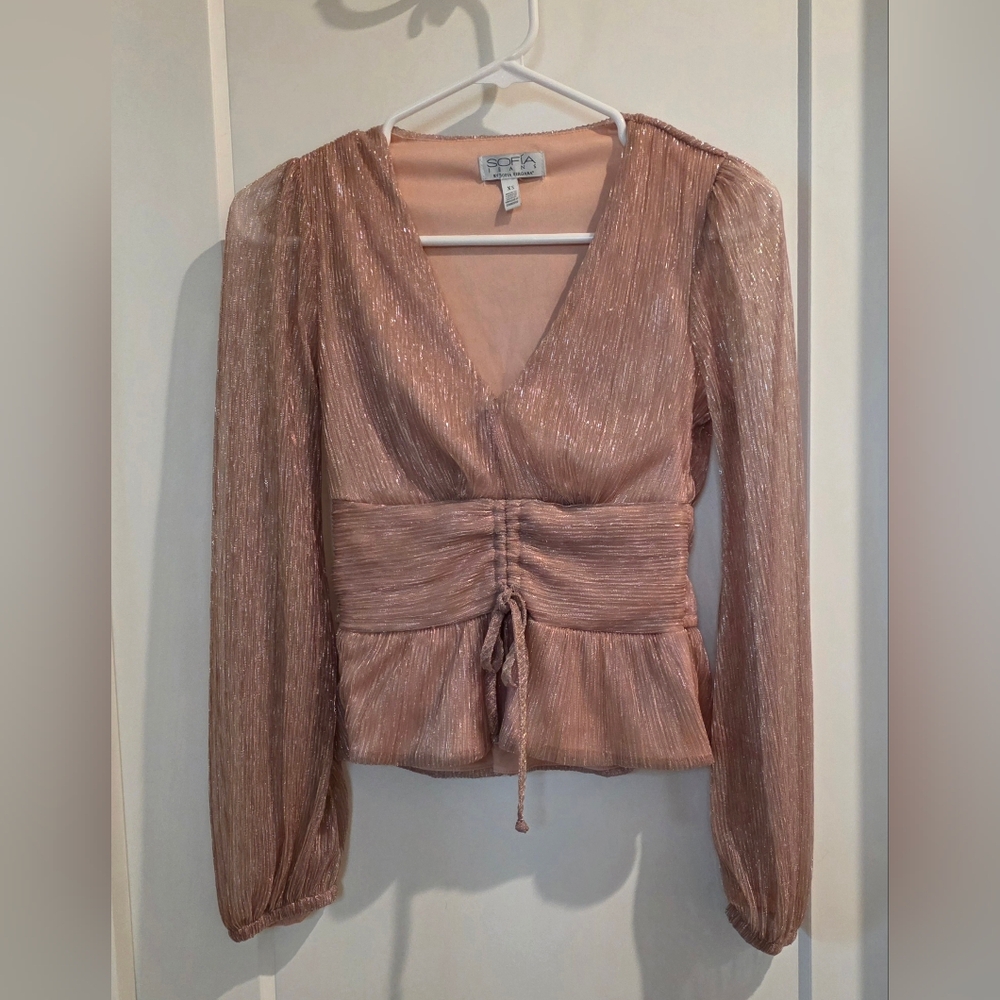 Elegant Metallic Blouse with Drawstring Waist